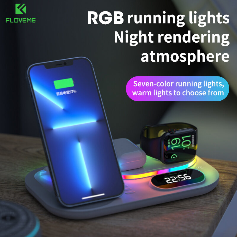 Floveme 30W 3 In 1 Qi RGB Light Wireless Charger Fast Charging Dock Station for Apple Watch IWatch 8 7 6 AirPods Pro 2 for IPhone 14 Pro Max 14 Plus 14 13 12 Mini 11 XS