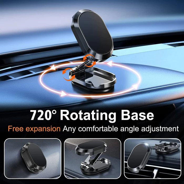 Alloy Folding Magnetic Car Phone Holder 720 degree Rotation Mount Stand with Cable