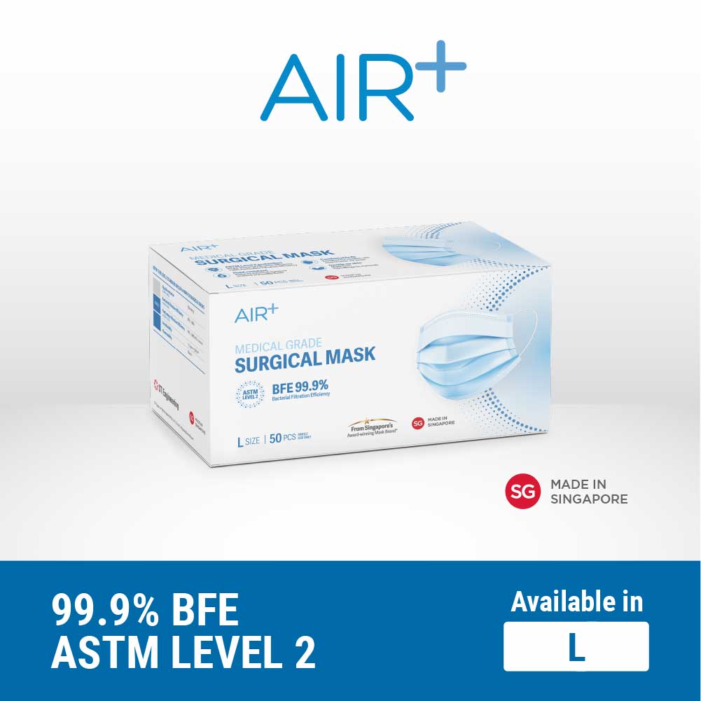 AIR⁺ Surgical Mask | L Size | 50PC | Made in Singapore | BFE 99.9% | ASTM Level 2