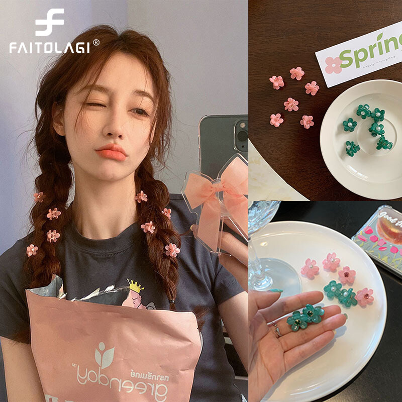 Pink Mini Flower Hairpins for Women Pearl Rhinestones Floral Side Clips Braid Hairstyle Bangs Clips Sweet Cute Korean Style Girls Female Hair Accessories