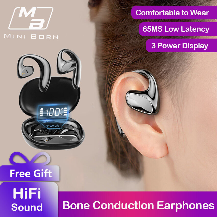Mini Born TWS Bluetooth Earphone Bone Conduction Headphones Ear hook Earphones LED Display Earphone 65ms Low Latency Gaming Headphones Non-In-Ear Headset HD Stereo Earbuds Waterproof Sweat-proof Earph