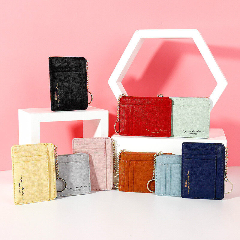 MINGKE Card Holder Wallet Coin Purse for Women 8 Cards Zipper Keychain Mini Simple Fashion