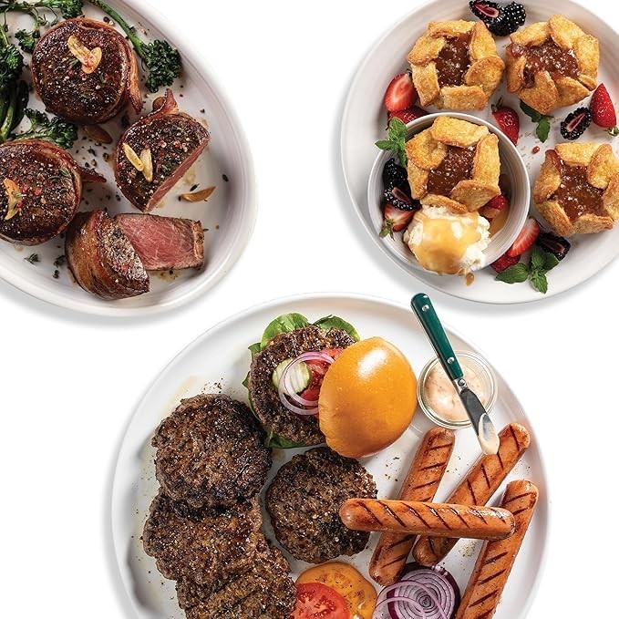 Omaha Steaks Deluxe Gift Package (4 Bacon-Wrapped Filet Mignons, 4 Steak Burgers, 4 Gourmet Jumbo Franks, 4 Au Gratin Potatoes, 4 Caramel Apple Tartlets, 1 jar Omaha Steaks Seasoning)