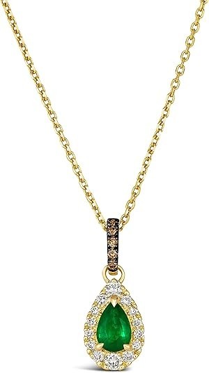 LE VIAN 1/5 Carat White and Chocolate Diamond with 1/3 Carat Pear Cut Green Emerald Teardrop Pendant Necklace for Women in 14k Yellow Gold (Fancy Brown, cttw) Halo Pendant on 18 Inch Chain