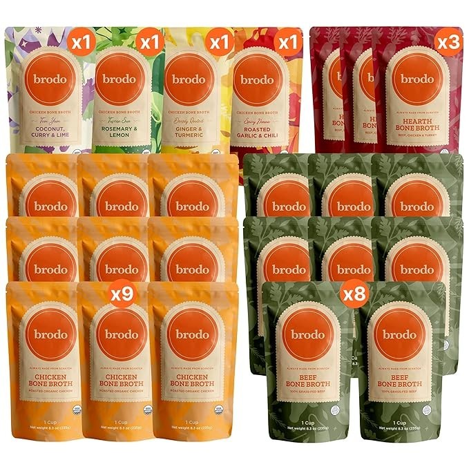Brodo Bone Broth Bundle, Variety & Classic Packs with Chicken & Ginger and Seaweed & Mushroom Broths, 24 x 8.3 oz (24 Cups Total)