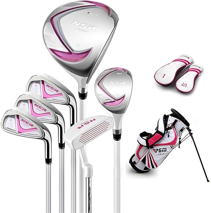 PGM Junior Golf Club Complete Set Includes Driver, Hybrid, 7, 9, Wedge Irons, Putter, Stand Bag Right Handed for Children Kids, 6 Pieces Youth Golf Clubs with 2 Headcovers for Boys & Girls