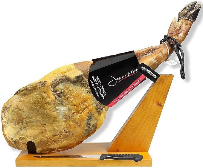 Iberico Ham (shoulder) Grass-fed Bone in from Spain + Ham Stand + Knife + Ham Cover + Ham Tongs - Jamon Iberico Pata Negra All Natural with Mediterranean Sea Salt