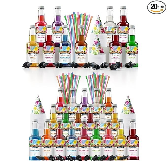 Hawaiian Shaved Ice 10 Flavor Syrups and Accessories bundled with 20 Flavor Syrups and Accessories