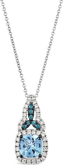 Le Vian 1/3 White and Blue Diamond and 1 Carat Cushion Cut Aquamarine Pendant Necklace for Women | 14k White Gold Necklace for Her w Halo Vintage Design (Brown, 0.32 cttw) 20 Inch Chain w Lobster Claw