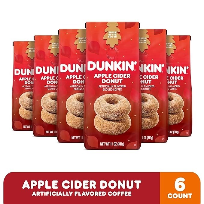 Dunkin’ Apple Cider Donut Artificially Flavored Ground Coffee, 11 Oz. Bags (Pack of 6)