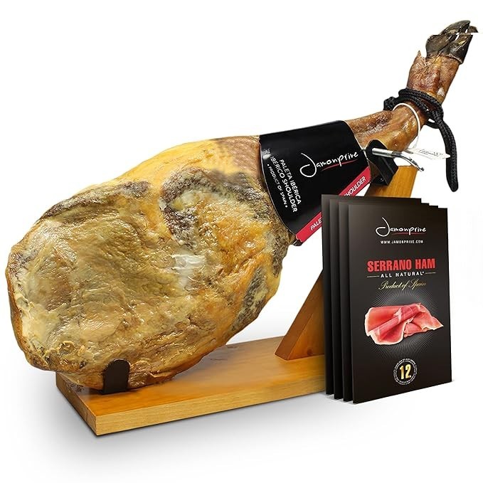 Iberico Ham (shoulder) Grass-fed Bone in 9.5-11lb + Ham Stand + Knife & Spanish Serrano Ham Sliced Dry-Cured (12oz) - Cured Spanish Jamon with NO Nitrates or Nitrites All Natural - GMO & Gluten Free