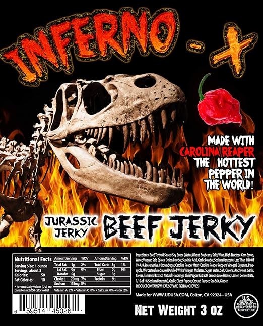 INFERNO X Carolina Reaper Beef Jerky – With Jurassic jerky’s special Blend of spices and the famous Carolina Reaper Pepper, the World’s Hottest Pepper! Amazing taste, MSG-free, no preservatives meat s