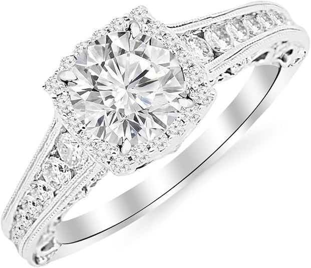 Houston Diamond District Vintage Halo Style Channel Set Round Brilliant Diamond Engagement Ring Milgrain with a 2 Carat Moissanite Center