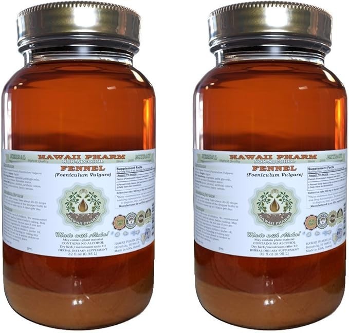 Fennel Alcohol-Free Liquid Extract, Fennel (Foeniculum Vulgare) Dried Seed Glycerite Hawaii Pharm Natural Herbal Supplement 2x32 oz Unfiltered