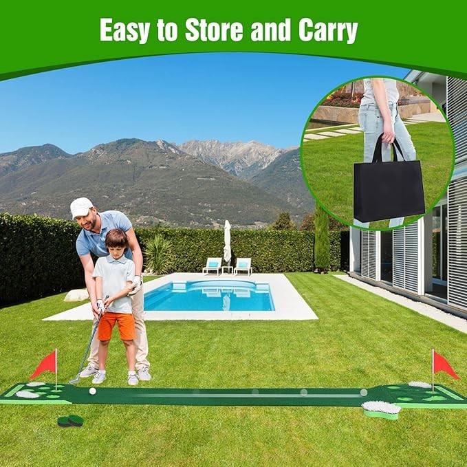 Golf Putting Game Set, Detachable Golf Putting Green Mat with 4 Balls, 2 Cups & Flags, 1 Portable Bag for Indoor & Outdoor Party Game Use