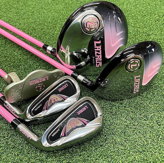 LAZRUS GOLF Premium Kids Golf Clubs Set Or Individuals for Boys or Girls - Junior Golf Clubs - Driver, Fairway Wood, 7 Iron, PW, Putter - Blue or Pink