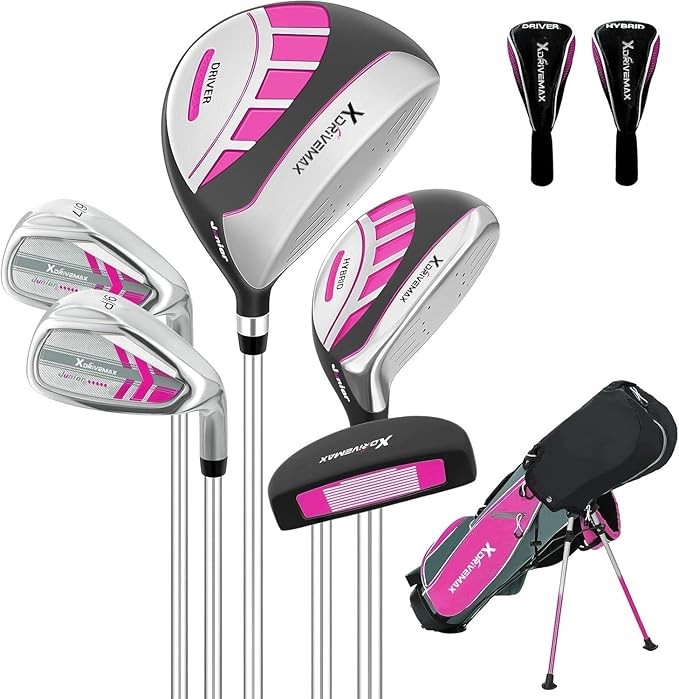 6 Pieces Kids Golf Club Set, Junior Golf Club Set Ages 4-12 Includes Stand Bag, 1# Drive, 5# Hybrid, 6/7#, 9/P# Irons and Putter Right Hand for Boys Girls,Magenta,6-10 Ages