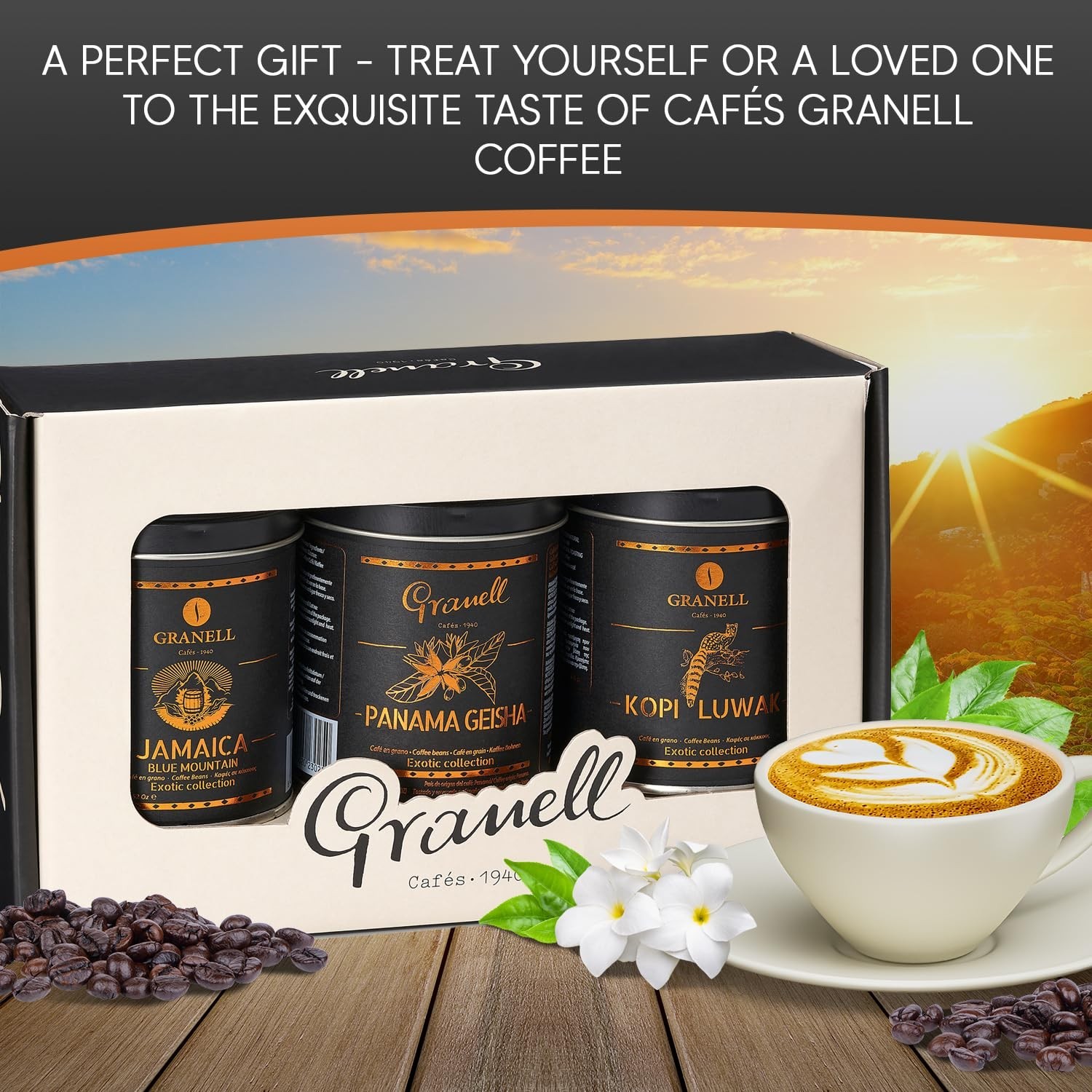 Cafés Granell Kopi Luwak, Blue Mountain (Jamaica) and Panamanian Geisha Coffee 3-Pack Gift Set | Exotic Series Fresh Whole Bean Quality Control 100% Arabica Coffee-Premium Medium Roasted 3.4 ounces (a