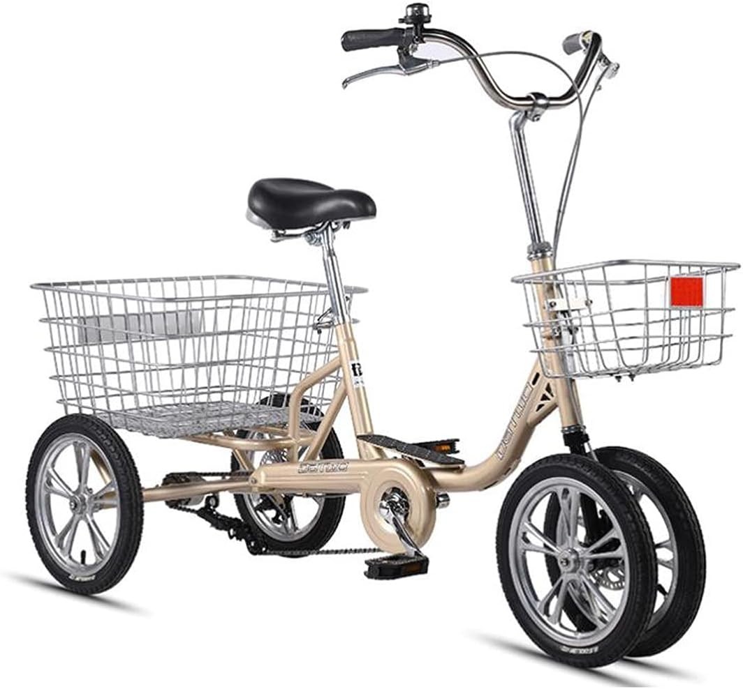 14 Inch Three Wheel Cruiser Bike Steel Frame Adult Tricycle with Cargo Basket for Recreation Shopping Exercise Men's Women's Bike(Gold)(Gold)