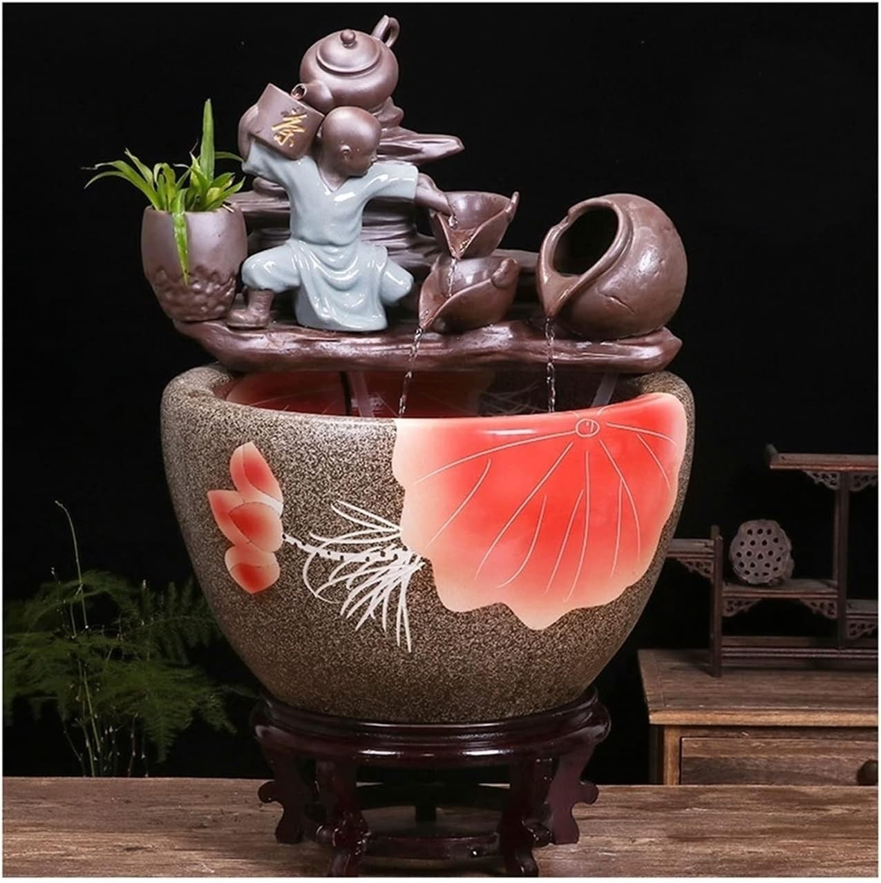 Fish Bowl Vase Chinese Style Ceramic Fish Tank Living Room Floor-to-Ceiling Circulation Flow Water Office Fish Tank Balcony Courtyard Lotus Fish Culture Tank Small Fish Tank Starter Kit (Color : 1